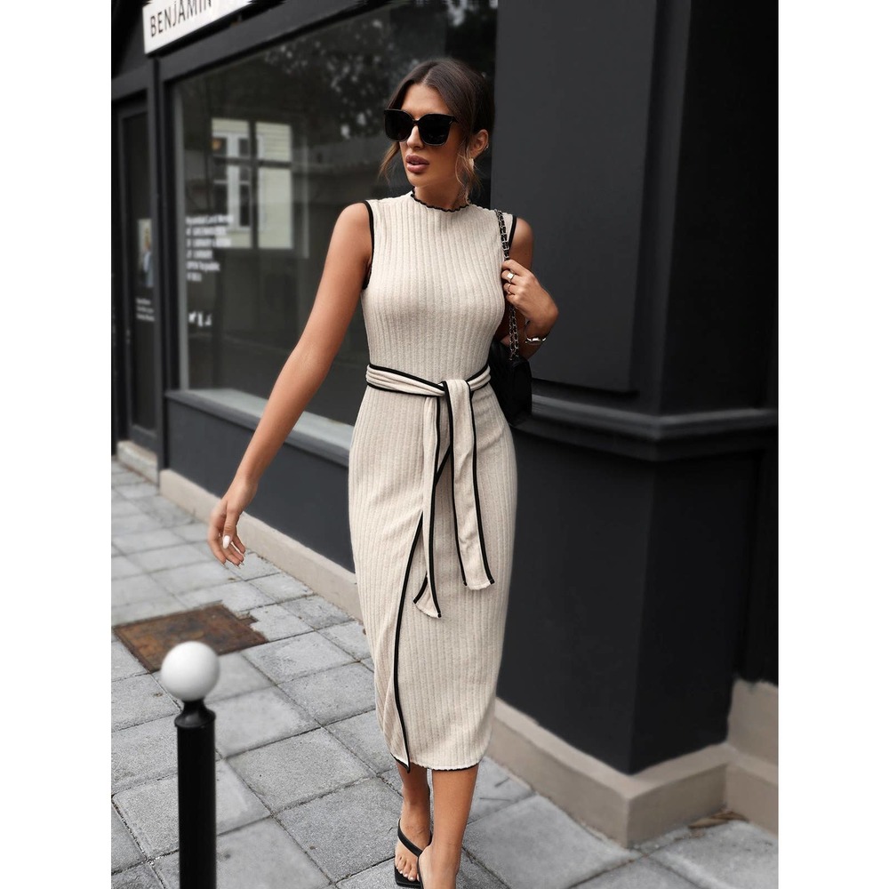 Ribbed Knit Contrast Binding Belted Tank midi Dress cream black